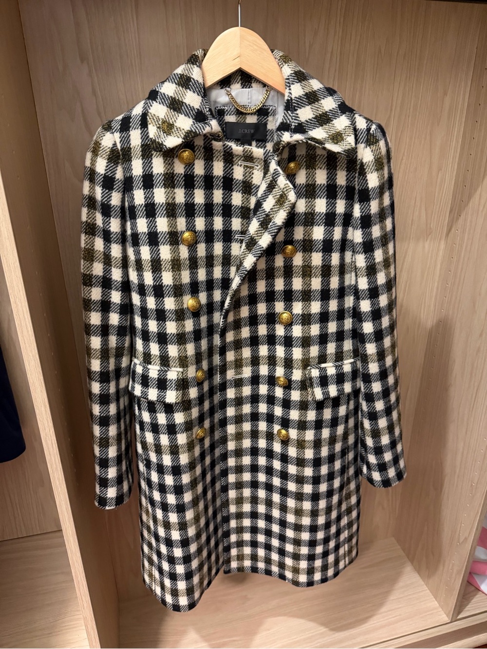 J. Crew Black and Cream Plaid Double-Breasted Pea Coat